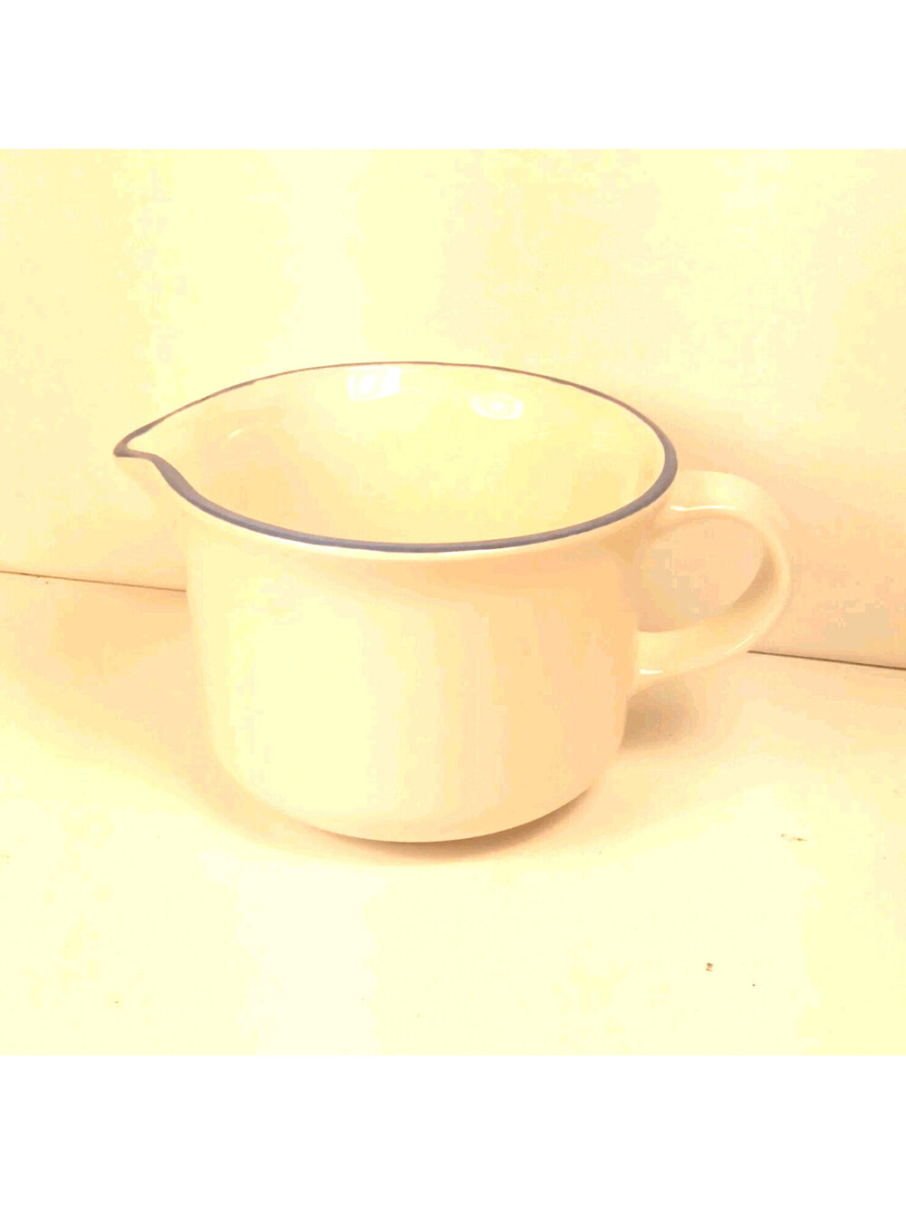 White Ceramic Creamer Pitcher Blue Rim Glossy Finish Handle Impressed Backstamp